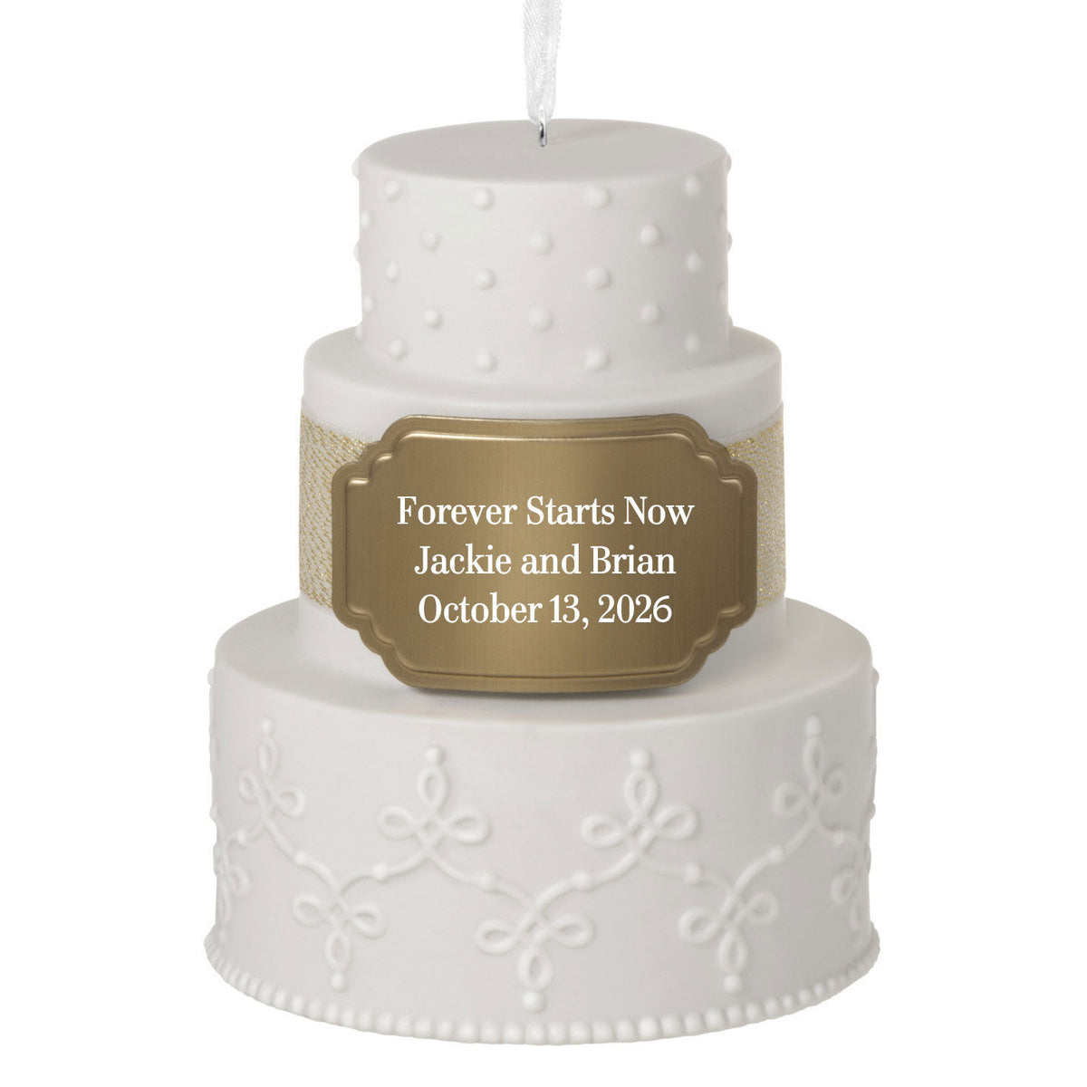 Wedding Cake Ceramic Personalized Ornament, Custom Text